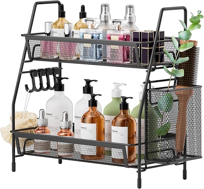 VITVITI 2-Tier Bathroom Organizer Countertop, Metal Wire Mesh Bathroom Counter Organizer Storage with Basket Hooks, Vanity Tray Shelf, Kitchen Spice Rack, Small Black