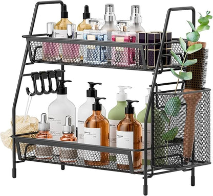 VITVITI 2-Tier Bathroom Organizer Countertop, Metal Wire Mesh Bathroom Counter Organizer Storage with Basket Hooks, Vanity Tray Shelf, Kitchen Spice Rack, Small Black