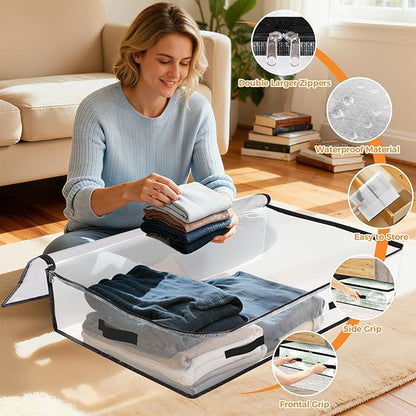 8 Pack Under Bed Storage Bags, 75L Foldable Clear Storage Containers with Handles, Dual Zippers for Comforter, Clothes, Bedding, Linen Sheets, Sweaters, Blanket Storage
