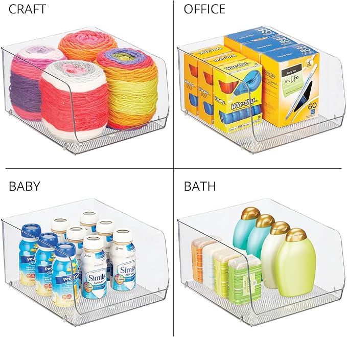 mDesign Wide Stackable Plastic Food Storage Organizer Bin Basket with Open Front for Household Kitchen Cabinets, Pantry, Offices, Closets, Bedrooms, Bathrooms - 10.2" Wide, 2 Pack - Clear