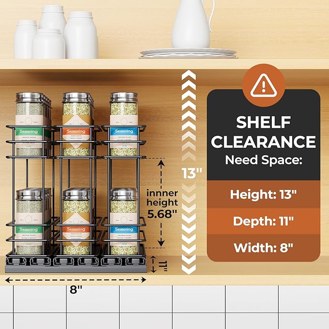 Mystozer Pull Out Spice Rack Organizer for Cabinet, Slide Out Spice Racks, Easy to Install Spice Cabinet Organizers, 7.4" Wx10.43 Dx8.26 H, 3 Drawers 2 Tiers(Black)