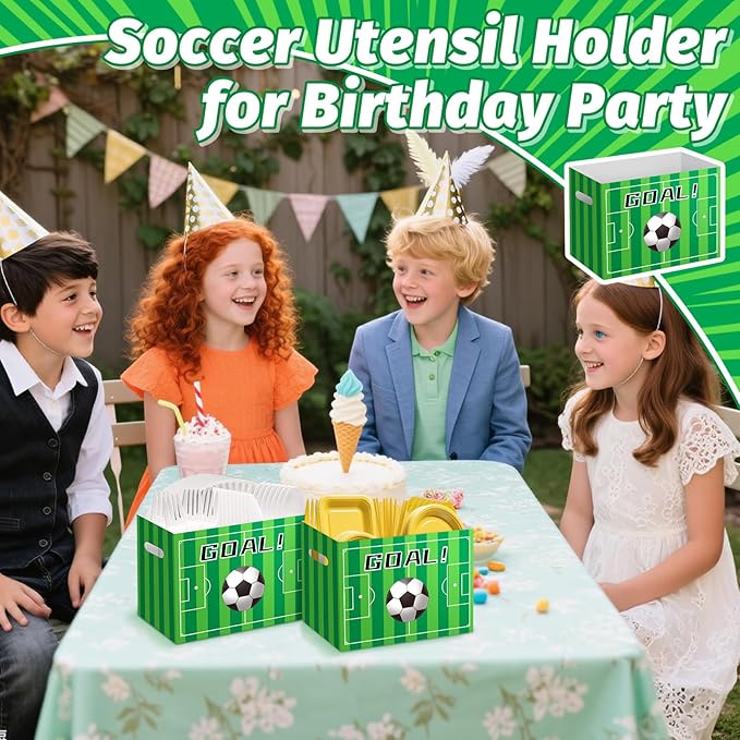 2PCS Soccer Utensil Holder Paper Utensil Caddy for Soccer Party Supplies Cutlery Holder with Handles Green Party Favors Snack Box Disposable Cutlery Caddy for Sports Themed Birthday Decorations