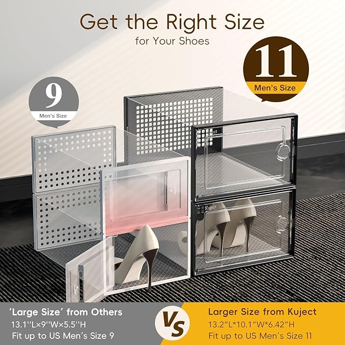 Kuject X-Large Shoe Storage Boxes Organizers Clear Plastic Stackable 12 Pack, Shoe Rack & Holder Substitute, Sneaker Containers, Toy Storage Organizer Bins for Entryway, Closet, Under Bed, Black