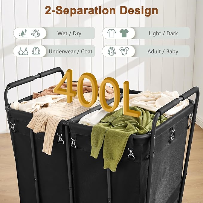 Hoctieon 2 Section Laundry Sorter Cart, 400L Rolling Hamper with Wheels, Industrial Laundry Basket Organizer, Extra Large Dirty Clothes Hamper for Home & Hotel, Heavy Duty, Black