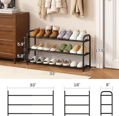 kiplant Shoe Rack for Closet, 3-Tier Expandable Closet Shoe Rack Metal Organizer, Heavy Duty Black Shoe Storage Shelf for Entryway, Doorway, Narrow Space