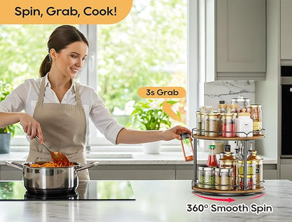 12.4" Lazy Susan Organizer 2 Tier, Rotating Spice Rack, Wooden Spinning Spice Holder for Inside Cabinet, Pantry, Kitchen, Countertop, Bathroom and Vanity, Versatile Storage