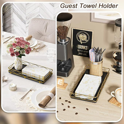 Lixple Toilet Paper Basket Holder, 13" Toilet Tank Tray, Wood and Metal Toilet Tray Vanity Organizer Bathroom Tray, Kitchen Sink Organizer for Soap Dispenser (Black + Gold)