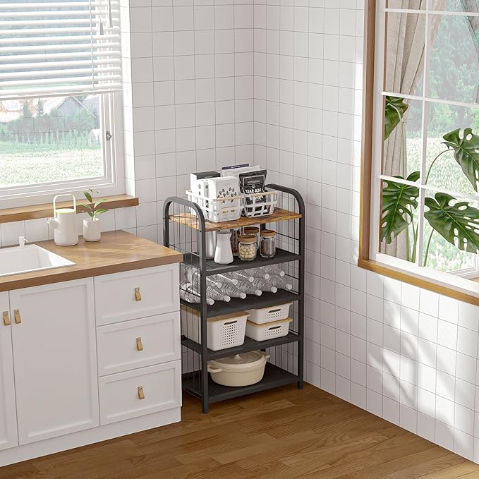 Shoe Rack, 5-Tier Shoe Organizer with Guardrails, Heavy-Duty Metal Mesh Shelves & Rustic Wooden Top for Stylish Closet & Front Door Storage