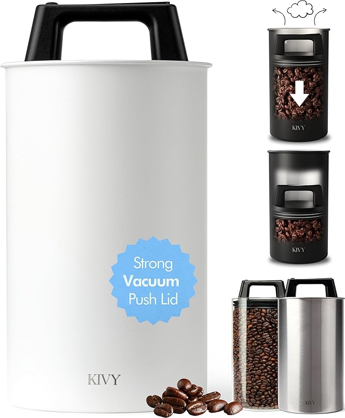 KIVY Vacuum Coffee Canister - Push Lid Preserves Coffee Aroma & Oil - Stainless Steel Airtight Coffee Canister - Container for Ground & Coffee Bean Storage - Storage Jar - Removes Excess Air