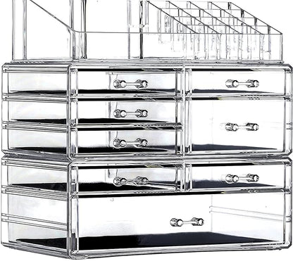 Cq acrylic 3 Pack Clear Make Up Organizer Countertop,Stackable 8 Drawers Makeup Storage,Cute Vanity Organizers for Dresser Hair Clip,Jewelry,Beauty Product Desk and Bathroom Organizers and Storage