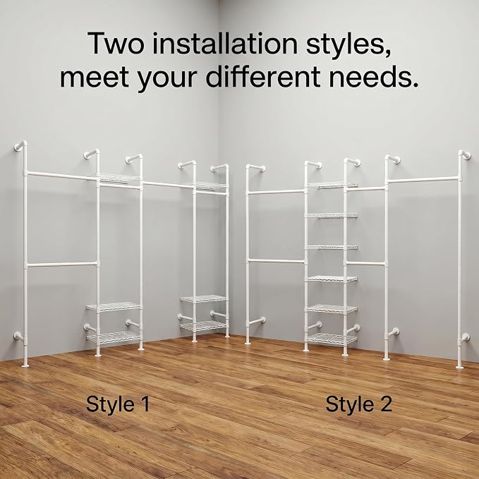 Wall Mounted Closet System – Adjustable Clothing Rack with 6 Hanging Clothes Rods( 4 Expandable Rods) & 6 Shelves, Heavy Duty Industrial Pipe Clothes Rack for Closet Organizer and Storage, White