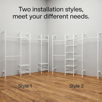 Wall Mounted Closet System – Adjustable Clothing Rack with 6 Hanging Clothes Rods( 4 Expandable Rods) & 6 Shelves, Heavy Duty Industrial Pipe Clothes Rack for Closet Organizer and Storage, White