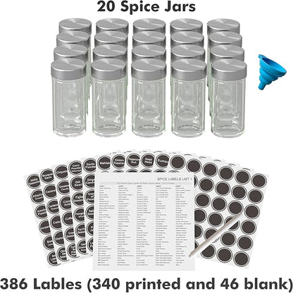 New England Stories Revolving Spice Rack Set with 20 Spice Jars, Kitchen Spice Tower Organizer for Countertop or Cabinet - Carousel Storage Includes 386 Spice Labels (Gold)
