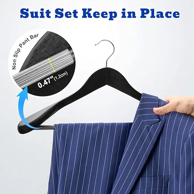 HOUSE DAY High-Grade Suit Hangers, Wide Shoulder Wooden Hangers with Non Slip Pants Bar, Smooth Finish 360° Swivel Hook Solid Wood Coat Hangers for Dress, Jacket, Heavy Clothes Hanger 6 Pack (Black)