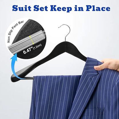 HOUSE DAY Wide Shoulder Wooden Hangers 12 Pack, Wood Suit Hangers for Men with Non Slip Pants Bar, Smooth Finish Solid Wood Coat Hangers for Jacket, Pants, Dress, Heavy Clothes Hangers (Black)