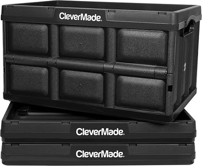 CleverMade Collapsible Storage Bins 62L (3-Pack) – Heavy Duty Collapsible Plastic Storage Bins, Large Stackable Folding Storage Bins for Garage, Car, Grocery & Home Organization - Obsidian