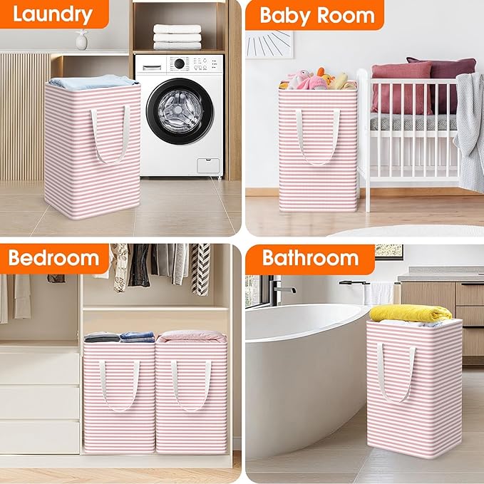3 Pack Large Laundry Basket,Waterproof & Freestanding Laundry Hamper,Collapsible Clothes Hampers with Easy Carry Long & Reinforced Handles in Bathroom,College Dorm(100Lx3,Pink)
