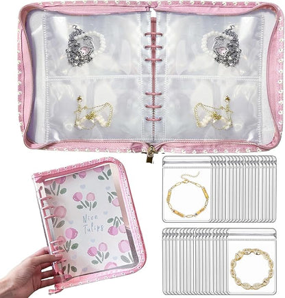 Jewelry Organizer Travel,Jewelry Storage Book with 40 Large PVC pouches,Portable Jewelry Organizer Zipper Bags for Necklaces Bracelet Rings and Earrings (front cover removable),Pink
