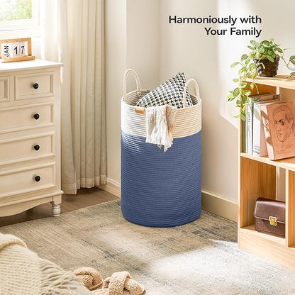 Nunsino Laundry Hamper 75L,Large Laundry Basket for Clothes,Decorative Storage Basket for Blankets,Cotton Rope Woven basket for bedroom,Navy Blue