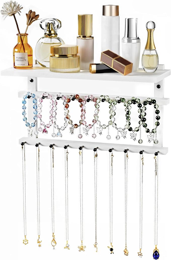 Emfogo Necklace Holder, Necklace Organizer Wall Mount Upgraded Oversized, 19 Hooks for Bracelet Necklace Storage Hanging, Jewelry Organizer Tray & Cosmetic Shelf