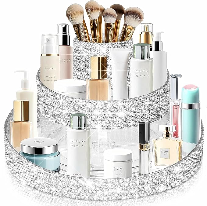Bling 360 Rotating Makeup Organizer,Shiny Lazy Susan Cosmetic Storage Turntable for Skincare,Perfume & Lipstick,Glitter Round Spinning Tray with Brush Holder for Vanity,Bathroom (10"L x 10"W)