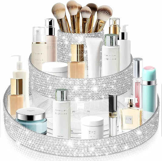 Bling 360 Rotating Makeup Organizer,Shiny Lazy Susan Cosmetic Storage Turntable for Skincare,Perfume & Lipstick,Glitter Round Spinning Tray with Brush Holder for Vanity,Bathroom (10"L x 10"W)