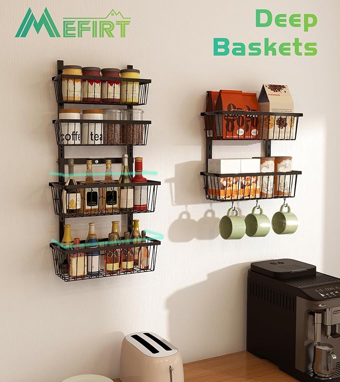 Mefirt 12 Inch Wide Narrow Over The Door Pantry Organizer, Pantry Organization and Storage, Black Metal Hanging Deep Basket Wall Spice Rack Seasoning Shelves, Home & Kitchen Essentials, Apartment