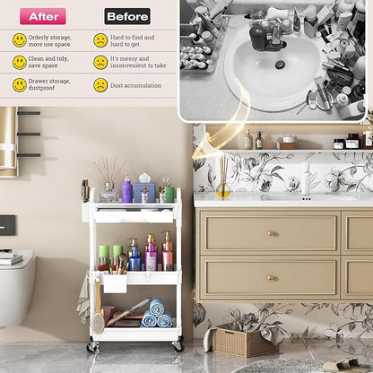 Goovilla Rolling Makeup Organizer Cart with Removable Drawer, 3 Tier Stable White Floor Skincare Storage Cart for Vanity, Cosmetic Display, Nail Polish, Perfume, Hair Stuff, Beauty, Bathroom(Plastic)