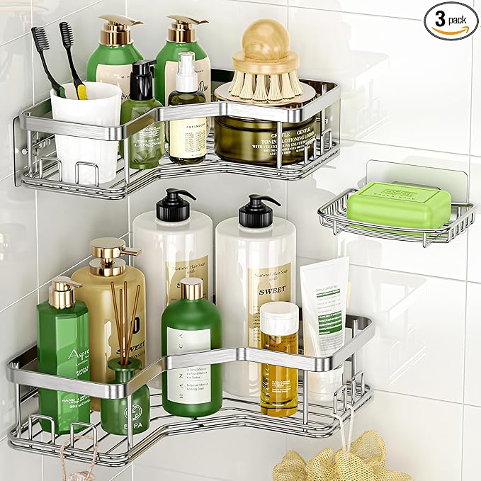MAXIFFE 3 Pack X-Large Corner Shower Caddy with Soap Holder, Large Capacity and Easy Install, No Drilling Shower Shelves, Stainless Steel Shower Organizer Hold 40 LBS for Family Renters, Silver