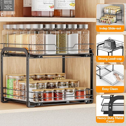 Pull Out Spice Rack Organizer for Cabinet, 2 Tier Metal Seasoning Organizer Slide Out Spice Storage Shelf, Heavy Duty Vertical Spice Rack Pullout for Kitchen, with Labels, 11.5W" X 10.5"D X 9"H