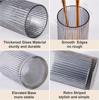DASITON Makeup Brush Holder Organizer, Crystal Cosmetic Makeup Brushes Storage Holder, Glass Make Up Brush Holder, Vintage Striped Make Up Cup Desk Pen Pencil Holder, Toothbrush Holders (Gray S)