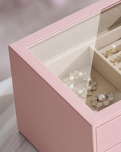 pickpiff Jewelry Box Organizer Case for Women: 4-Layer Jewelry Storage Case with Glass Window, Pink Leather with Velvet Holder for Ring Necklace Bracelet Brooch Watch, Great Gift for Her