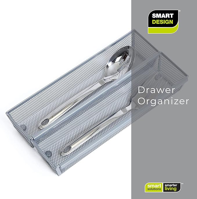 Smart Design Drawer Organizer - (12 x 3 Inch) - Steel Metal Mesh Tray - w/ Interlocking Arm Connection - Utensils, Silverware, Organization - Kitchen [Silver]