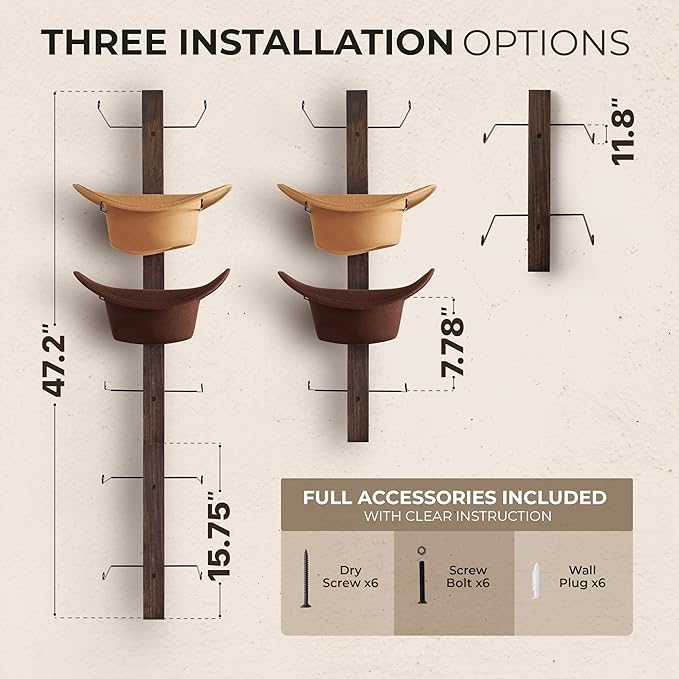 P-ALADIN Cowboy Hat Rack, Cowboy Hat Holder, 6-Piece Wall Rack with Natural Wood Backboard, Wide-Brim Hangers, Shape-Keeping Design, Rustic Decor (Modern)