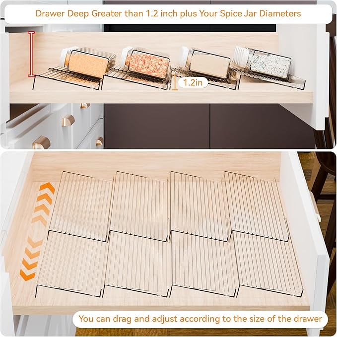 Yieach 4 Pack Adjustable In Drawer Spice Organizer - Expandable From 11" to 22" - Clear Acrylic Seasoning Organizer with Jars for Kitchen Drawer,Horizontal Tiered Kitchen Spice Organization & Tray