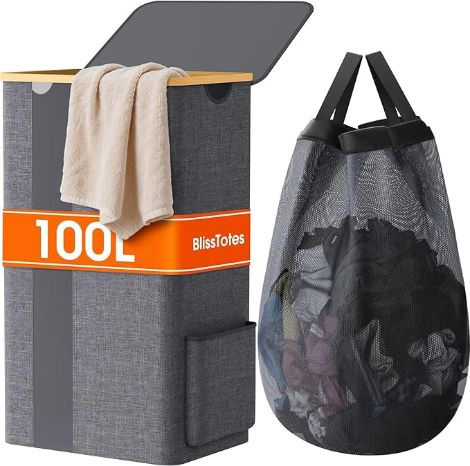 BlissTotes Laundry Basket with Lid, 100L Clothes Laundry Hamper with Handles and Removable Laundry Bag, Breathable Design Hamper with Lid for Bedroom, Bathroom, Dorm, Laundry Room - Light Grey
