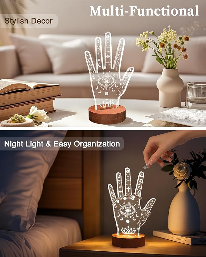 Attivolife Evil Eye LED Ring Holder Stand - Hand-Shaped Acrylic Jewelry Organizer Rack Bracelet & Ring Display for Women Friends Bestie
