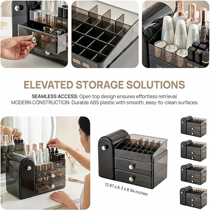 27 Slot Countertop Makeup Organizer with Brush Holder, 3-Tier Multifunctional Makeup Storage Organizer for Vanity, Fits Brushes & Large Cosmetics, Detachable & Easy to Clean