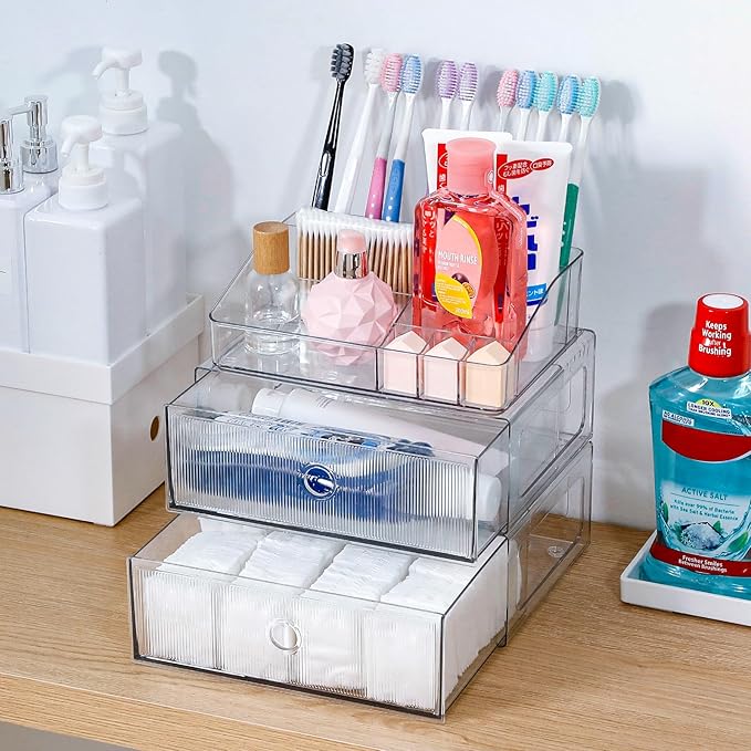 3-Tiers Makeup Organizer with Drawer, Stackable Skincare Storage Box for Vanity and Bathroom, Beauty Essentials, Cosmetic Brushes, Perfume Stand, Large Lipsticks Holder