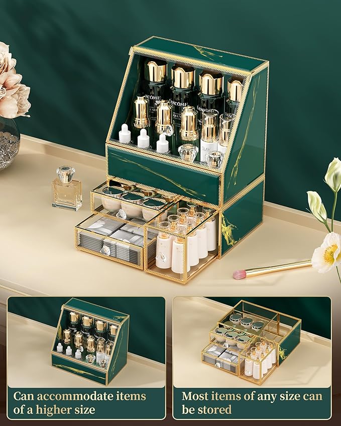 CoralHouse Makeup Organizer Countertop,Green Makeup Organizer with Drawer, Skincare Holder for Bathroom Countertop,Cosmetic Display Case for Dresser.