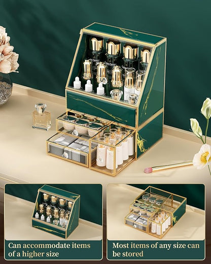 CoralHouse Makeup Organizer Countertop,Green Makeup Organizer with Drawer, Skincare Holder for Bathroom Countertop,Cosmetic Display Case for Dresser.