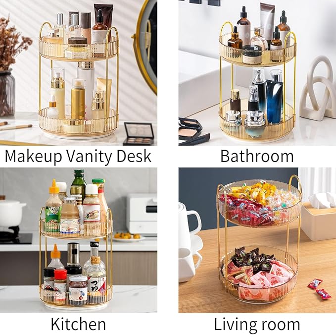 360 Rotating Makeup Organizer for Vanity, Bathroom Countertop Spinning Perfume Organizer, High-Capacity Cosmetic and Skincare Dresser Make Up Holder Rack (2 Tiers, Yellow)