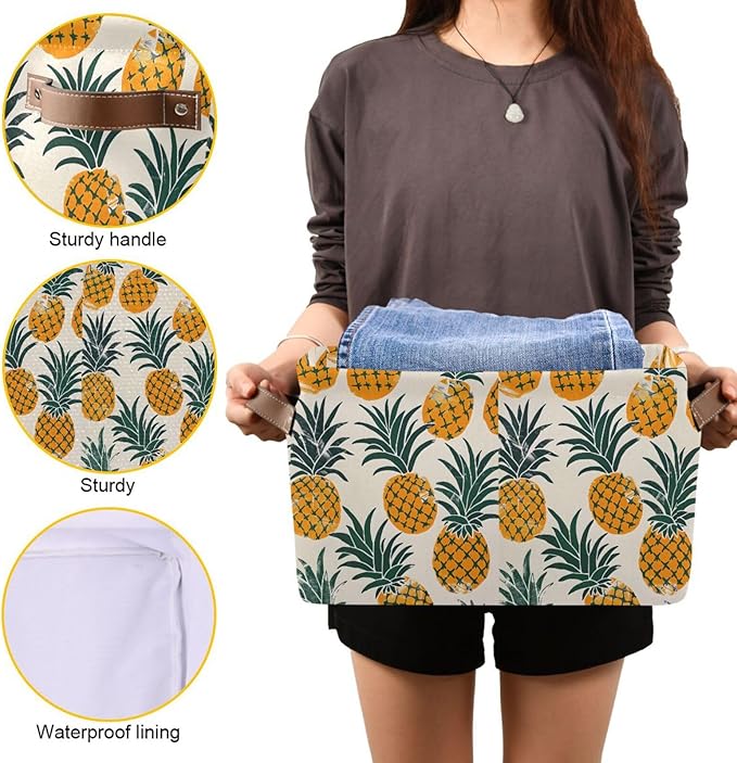 Large Storage Basket Pineapples Storage Bin Cube Canvas Fabric Organizer Handles Collapsible for Clothes Toys Bedroom Decorative