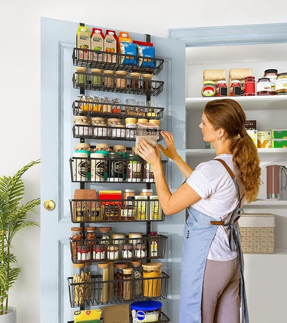 Mefirt 9-Tier Over The Door Pantry Organizer, Pantry Storage and Organization, Black Metal Hanging Spice Rack Seasoning Shelves Door, Wall Mount for Home & Kitchen, Laundry Room Bathroom Organization