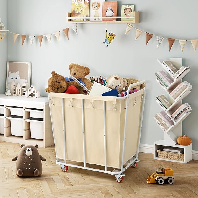 Hoctieon Large Laundry Cart with Wheels, 400L Heavy Duty Laundry Basket Organizer, Rolling Hamper Sorter for Clothes Storage, Industrial Dirty Clothes Hamper for Home & Hotel, Beige