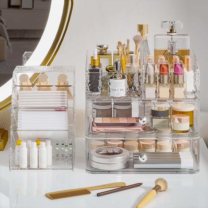 Makeup Organizer with Brush Holder Plastic Makeup Drawers For Vanity Clear Stackable Storage Case Makeup Organizer For Skincare, Brushes, Lipstick, Nail Polishes, Perfumes, Eyeshadow Palettes