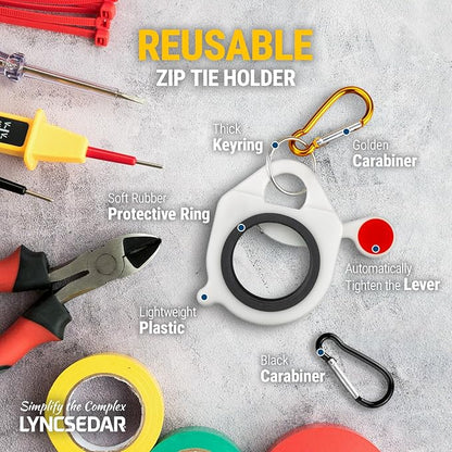 Zip Tie Holder, 8-Pack White & Yellow Reusable Cable Tie Holder, No.5 Carabiner, ABS Plastic, Outdoor Use, Heavy Duty Ziptie Organizer Clip for Electrician Tool Belt Wrap Storage Container