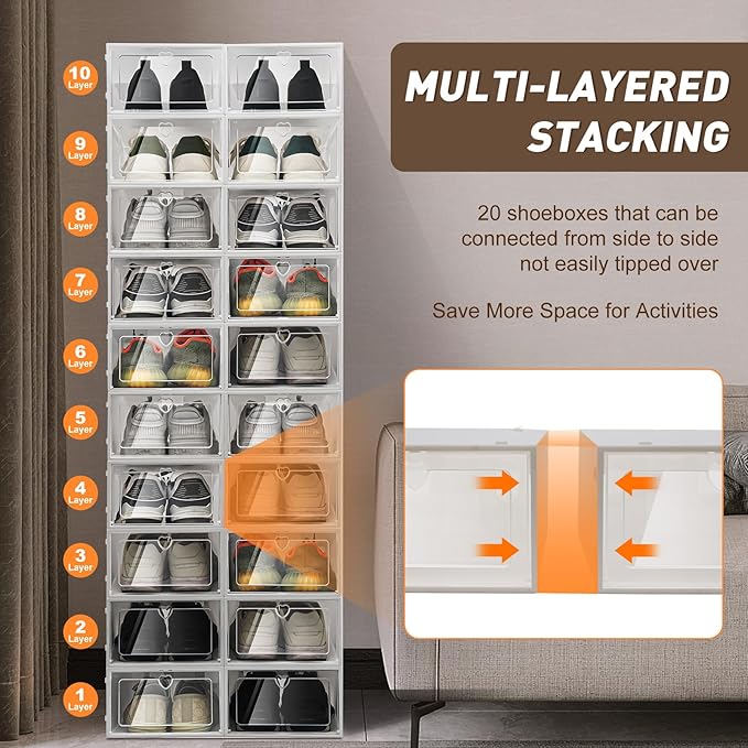 20Pcs Shoe Rack Plastic Box Organizer Stackable Shoe Rack Cabinet Foldable Shoe Storage Organizer Cabinet Portable Shoe Shelves Door Shoe Organizer for Closet Hallway Bedroom Entryway
