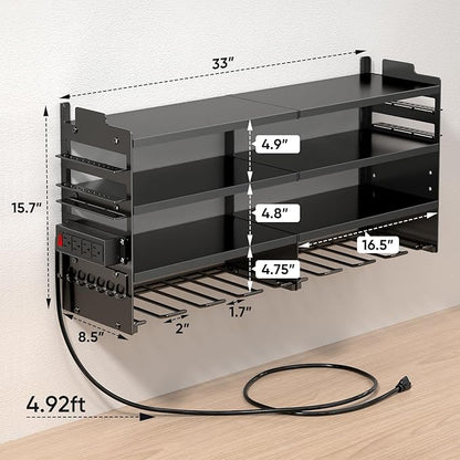 POKIPO Large Power Tool Organizer Wall Mount with Charging Station,4 Layer Heavy Duty Metal Tool Storage Rack Loads 600lbs with 8 Cordless Drill Holder,Battery Utility Rack Loads with 4 Power Strip