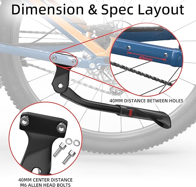 Heavy Duty Bike Kickstand, Aluminum Alloy Strong Rear Mount Bicycle Kick Stand for 24-29 inch Electric & Mountain Adult Bike, EBike Kick Stand for 40MM Hole Distance